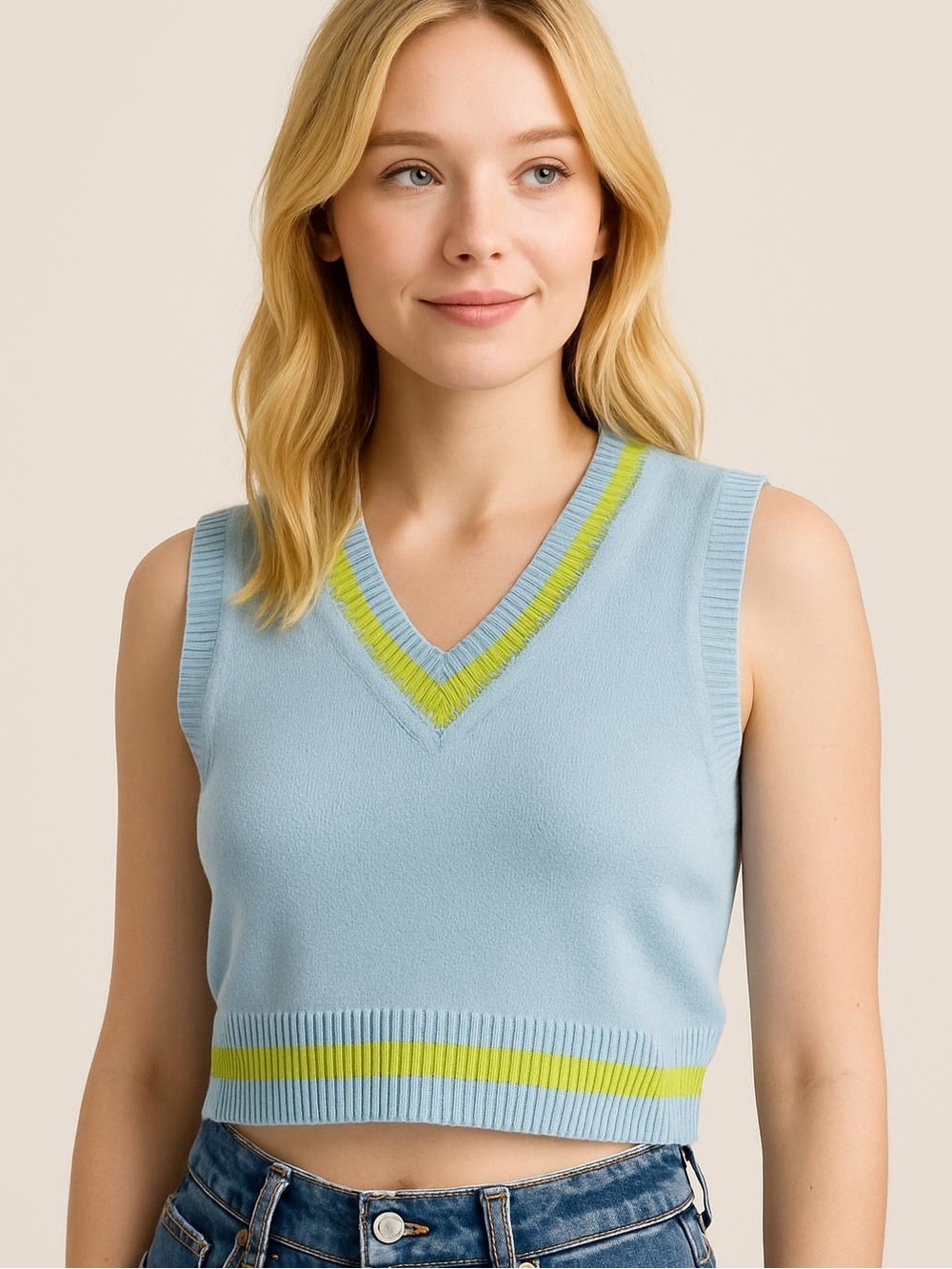 Aritzia Sunday Best Merino Wool Cotton Blue Green Knit Cropped Sweater Vest Sz S